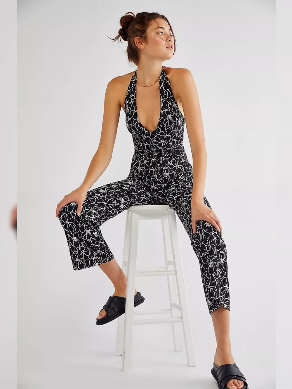 Free People Cora Knit Jumpsuit Black & White Floral Halter Women's Size XL‎